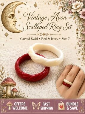 Vintage Avon Scalloped Ring Set Red & Ivory Carved Swirl Size 7